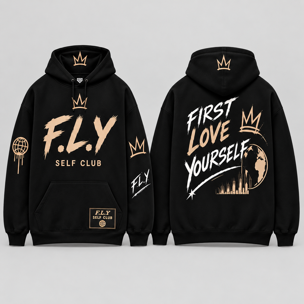 F.L.Y Self Club Black / tan hoodie design preview