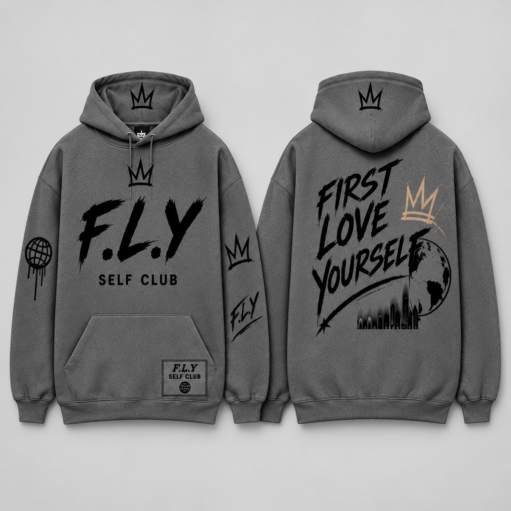 F.L.Y Self Club Charcoal grey / black hoodie design preview