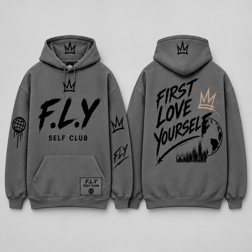 F.L.Y Self Club Charcoal grey / black hoodie design preview