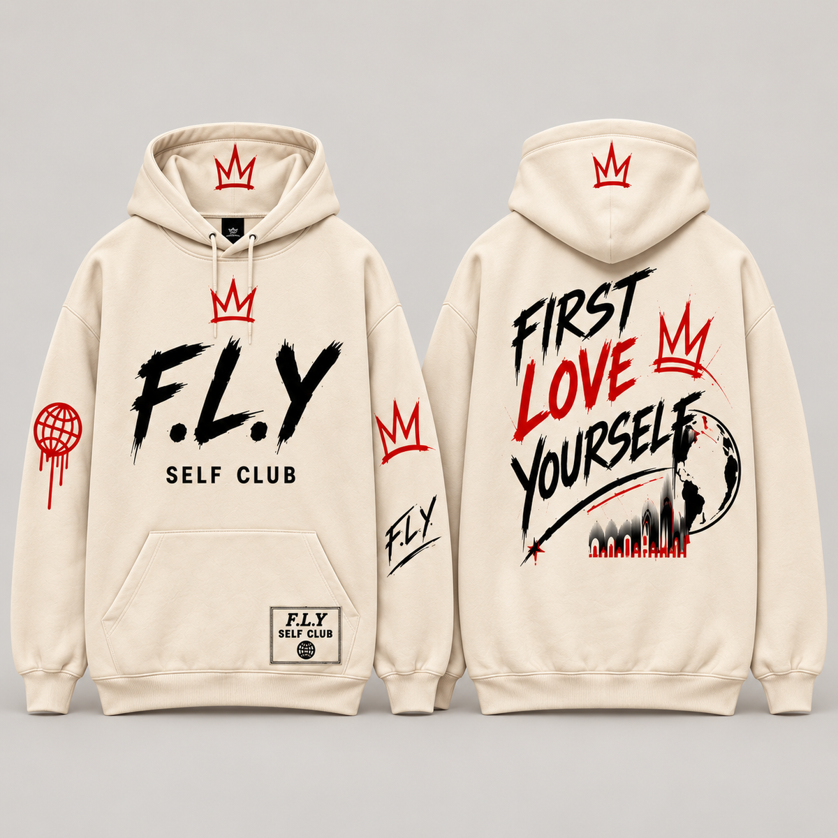 F.L.Y Self Club Cream / black / red hoodie design preview