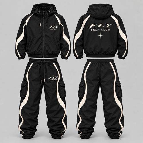 F.L.Y Self Club Black / Cream panel cargo tracksuit design preview