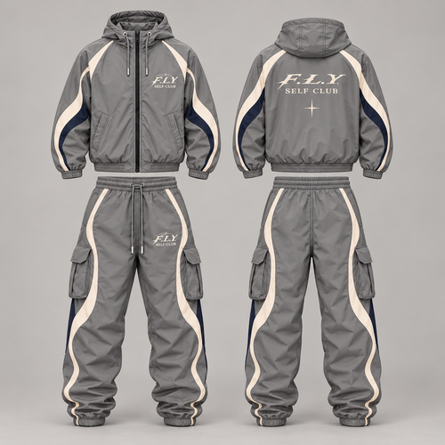 F.L.Y Self Club Grey / Cream panel cargo tracksuit design preview
